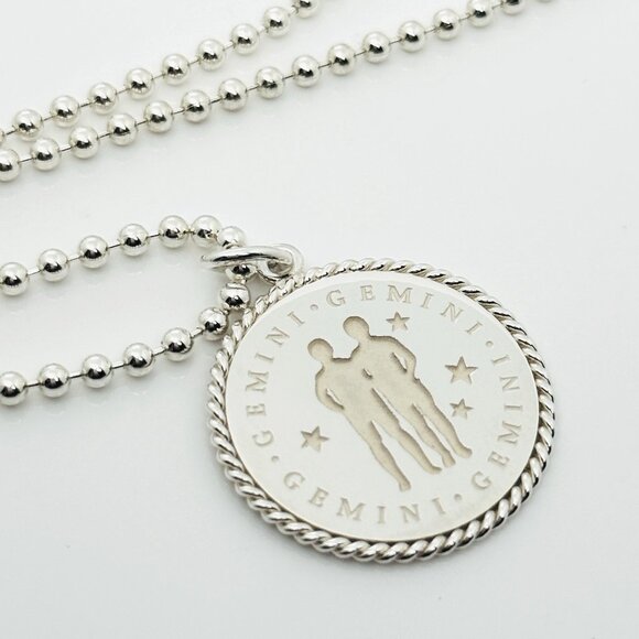 20" Tiffany Gemini Round Pendant Necklace Twist Border Dog bead Chain Mens - Picture 1 of 7